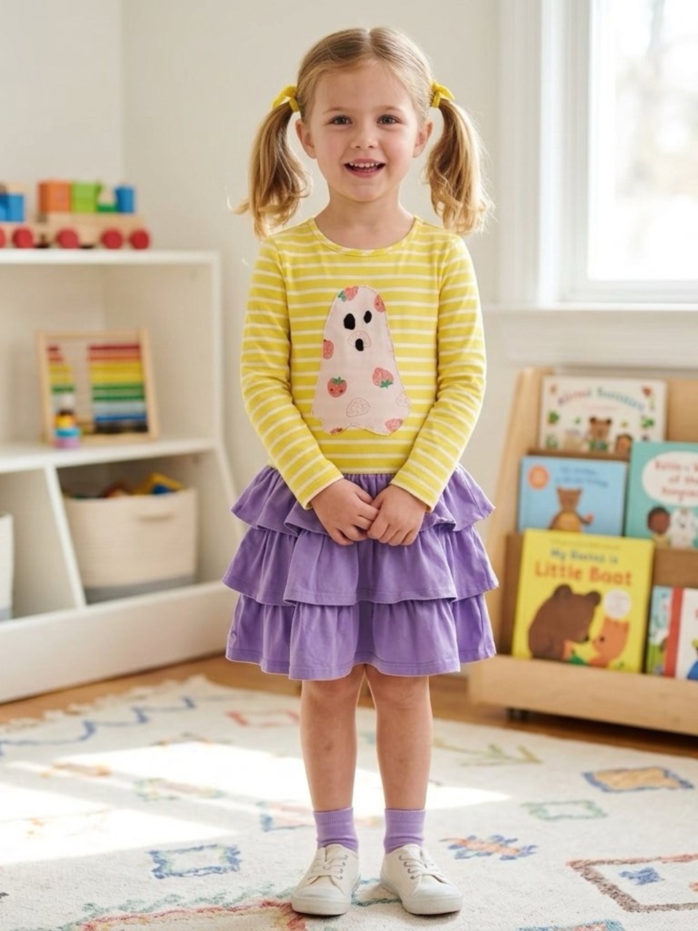 Hanna Andersson Size 120 Yellow Ghost Appliqué Dress Purple Ruffle Halloween